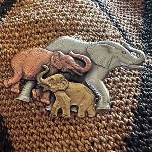 Vintage K&T Elephant Family Brooch Pin Tri-Color Brushed Mixed Metal Trunks Up